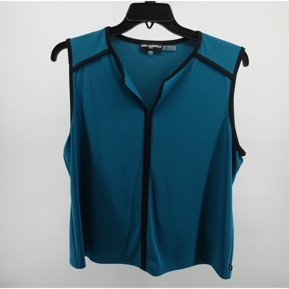 Karl Lagerfeld Paris Womens XL Teal Blue Sleeveless Notched V-Neck Blouse Top